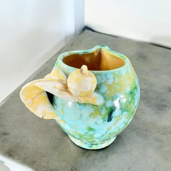 Vintage Hand Made Italian Pottery Small Pitcher Creamer Made Italy Leaf Handle - Picture 3 of 16